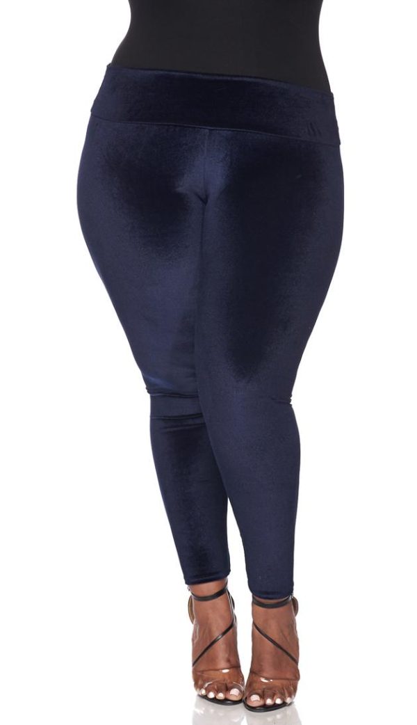 Plus Size High Waisted Velvet Leggings - Navy Blue